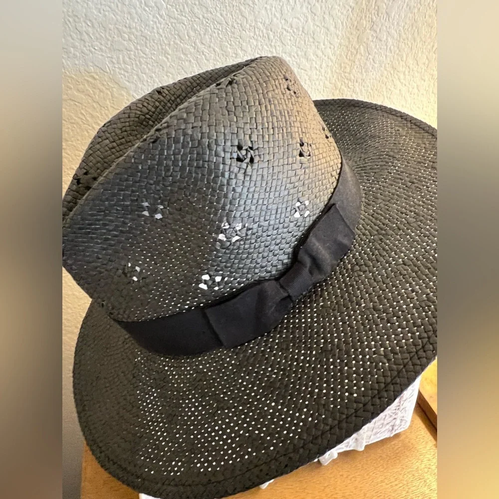 Anthropologie Black Straw Woven Raffia Hat for Women NEW